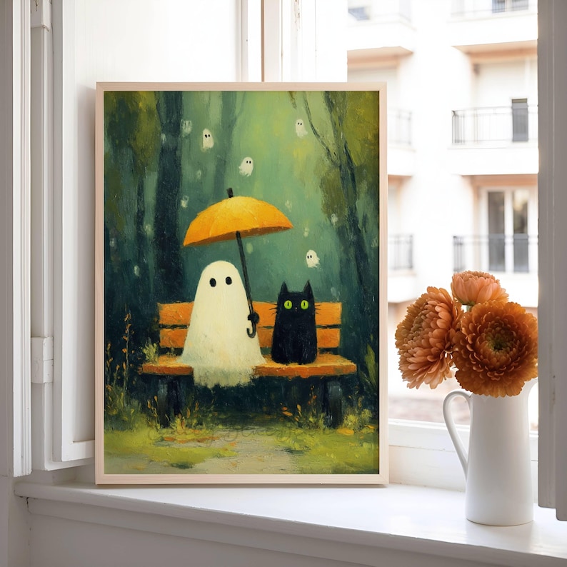 Spooky Cute Ghost and Black Cat Wall Art Poster, Cozy Rain Scene Print ...