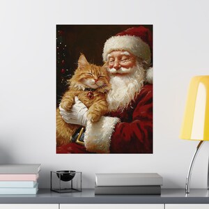 Santa and Ginger Tabby Cat Wall Art Poster, Cute Kitty Christmas Home Decor, Cat Lover Gift Print, Orange Cat Decor, UNFRAMED image 9