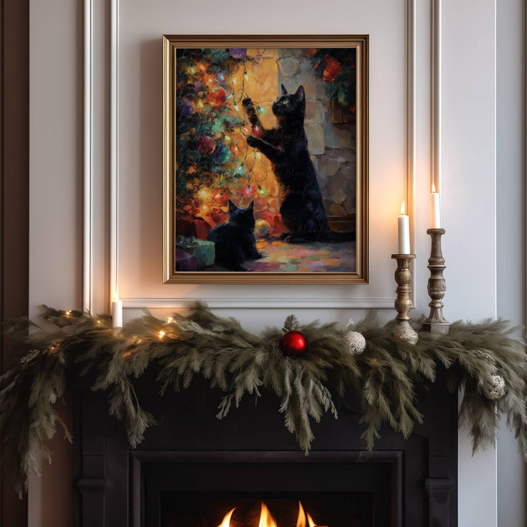 Black Cat Christmas Wall Art Poster Print, Playful Cats With Holiday ...