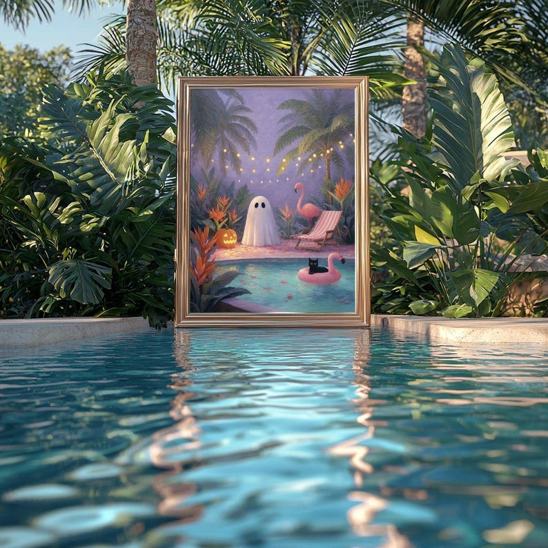 May include: A framed art print depicts a whimsical scene of a ghost, a flamingo, and a black cat in a pool. The artwork features a Halloween theme with a jack-o'-lantern and string lights, set against a tropical backdrop with palm trees.