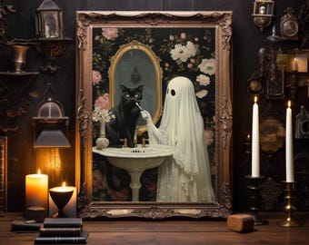 May include: A framed painting of a ghost in a white sheet brushing its teeth at a vanity with a black cat watching. The painting is set against a dark background with floral accents.