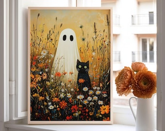 Black Cat and Ghost in Wildflowers Wall Art Poster, Floral Spooky Halloween Art, Funny Black Cat Print, Whimsigoth Home Decor, UNFRAMED