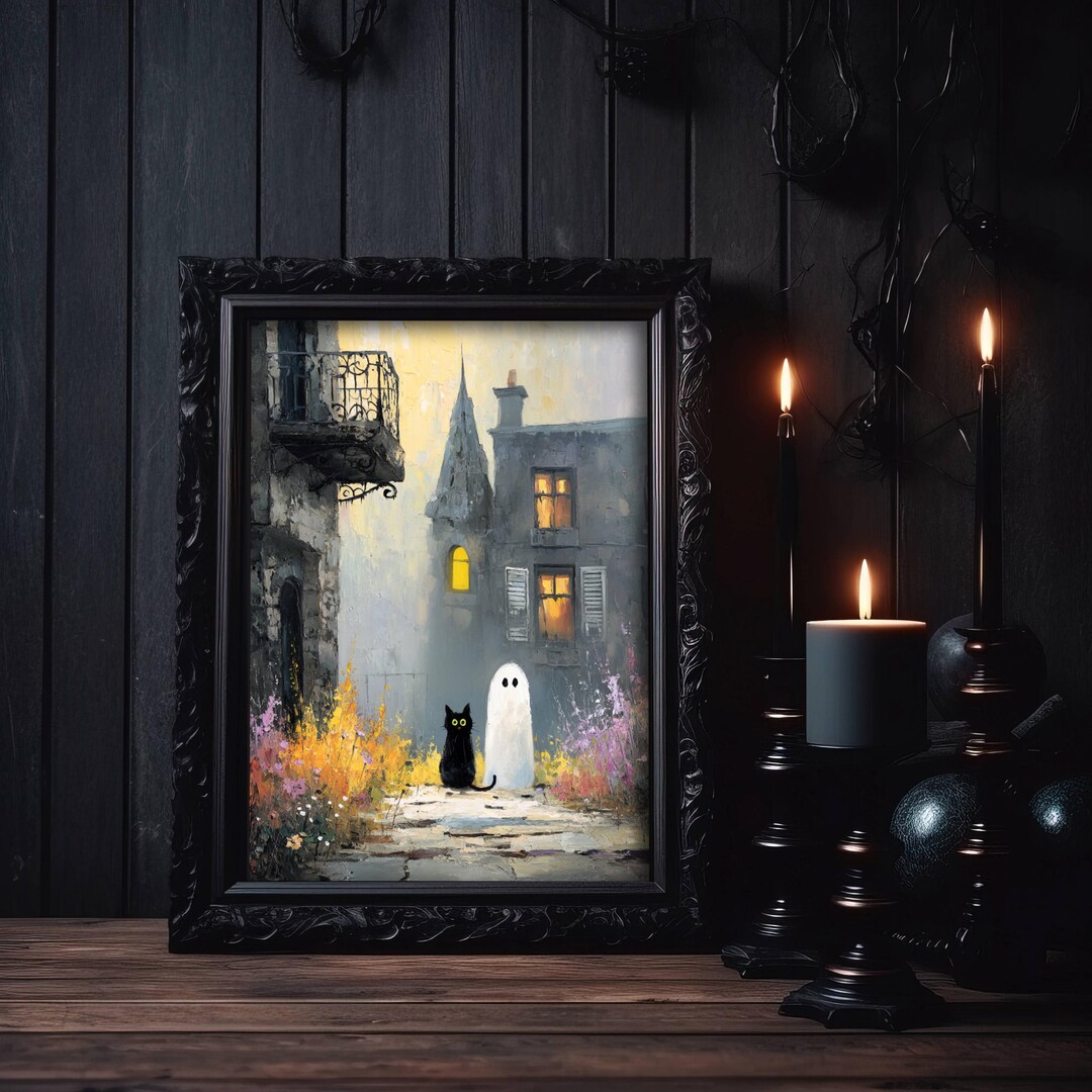 Ghost and Black Cat Haunted House Poster, Spooky Cute Wall Art ...