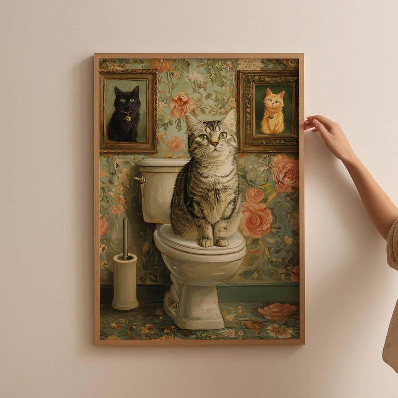 Tabby Cat on Toilet Poster, Funny Bathroom Wall Art With Vintage Floral ...