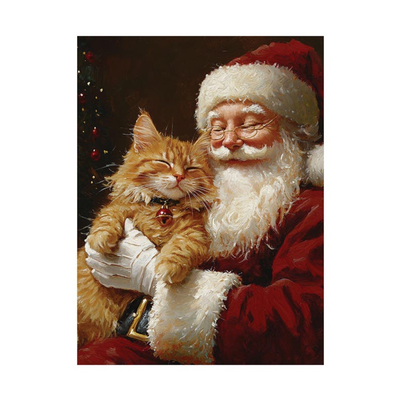 Santa and Ginger Tabby Cat Wall Art Poster, Cute Kitty Christmas Home Decor, Cat Lover Gift Print, Orange Cat Decor, UNFRAMED image 4