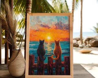 Cats Watching Ocean Sunset Poster, Seaside Wall Art, Beach House Print, Cat Lover Gift, Romantic Beach Art UNFRAMED