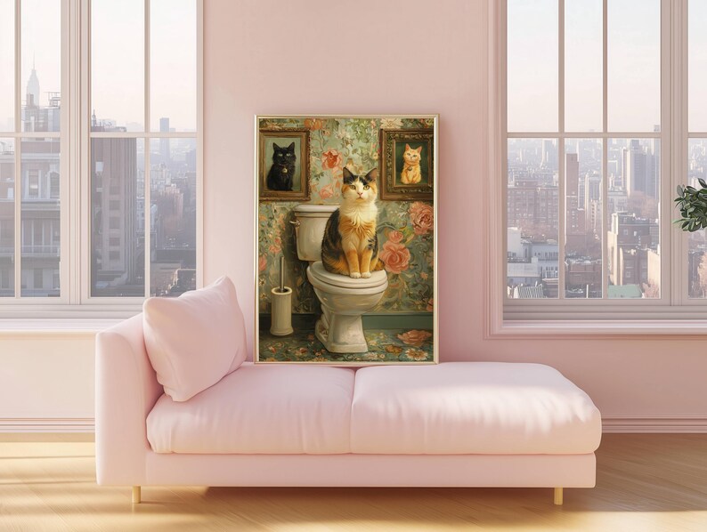 Calico Cat on Toilet Poster, Funny Bathroom Wall Art With Vintage ...