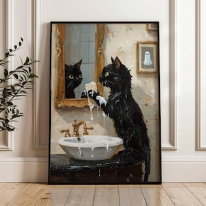 Black Cat Washing Paws in Bathroom Poster, Cute Cat Bathroom Decor, Cat Lover Gift Print, UNFRAMED