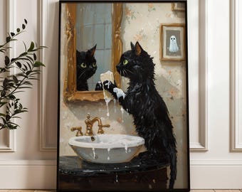Black Cat Washing Paws in Bathroom Poster, Cute Cat Bathroom Decor, Cat Lover Gift Print, UNFRAMED