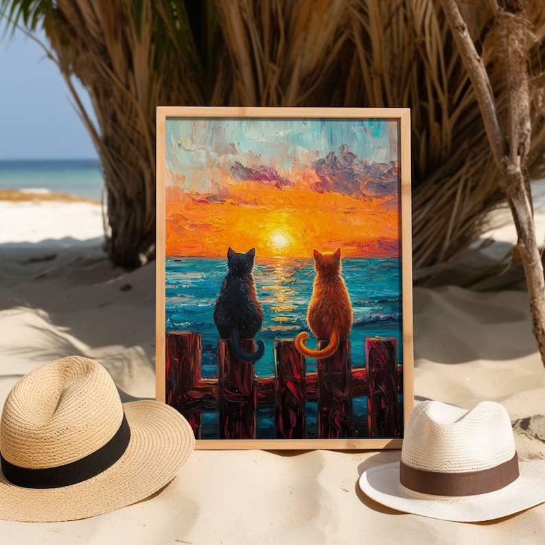 May include: A painting of two cats sitting on a wooden fence overlooking a sunset over the ocean. The cat on the left is black and the cat on the right is orange.