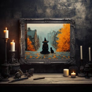 May include: A framed artwork depicting a witch and black cat on a cobblestone street with autumn foliage. The artwork is surrounded by lit candles in ornate holders, creating a gothic and mystical ambiance. The frame is dark and detailed.