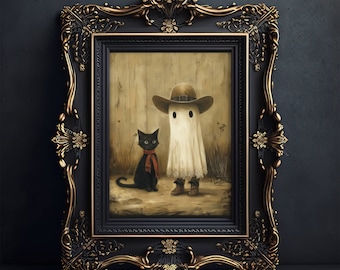 Cowboy Ghost and Black Cat Poster, Halloween Art, Cute Spooky Ghost Print, Western Halloween Wall Art, UNFRAMED