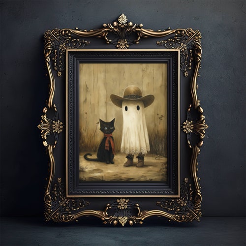 Fantôme de cow-boy et affiche de chat noir, art d'Halloween, impression de fantôme effrayant mignon, art mural Western Halloween, sans cadre