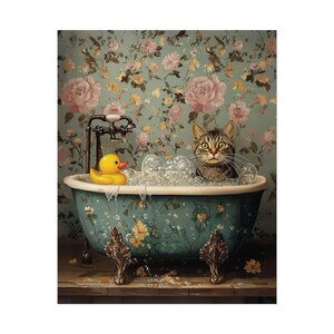 May include: A tabby cat sits in a blue and white floral bathtub with a yellow rubber ducky. The bathtub has four feet and is surrounded by bubbles. The background is a floral wallpaper.