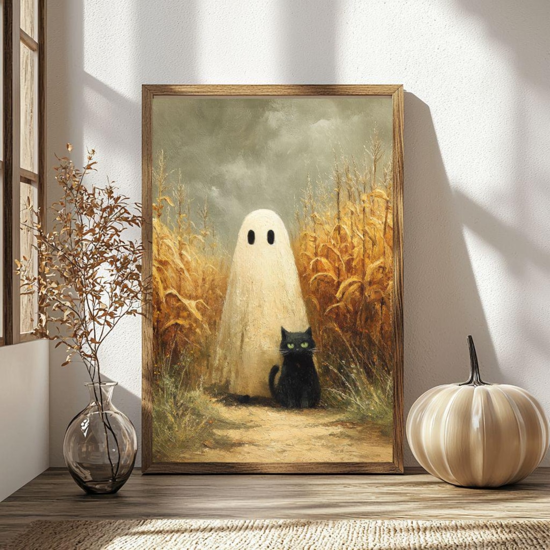 Ghost and Black Cat in Cornfield Poster, Halloween Art Decor, Cute ...
