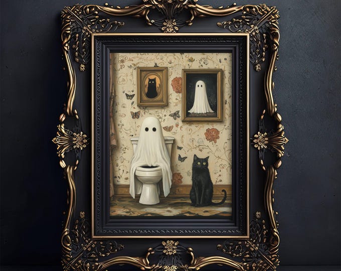 Ghost and Cat in Bathtub, Spooky Bubblebath Halloween Art, Black Cat Print, Whimsigoth Bathroom ...