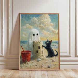Decoración de pared playera de Summerween con fantasma y gato negro, lindo fantasma construyendo un castillo de arena con un gato negro, decoración costera de Halloween, SIN MARCO imagen 6