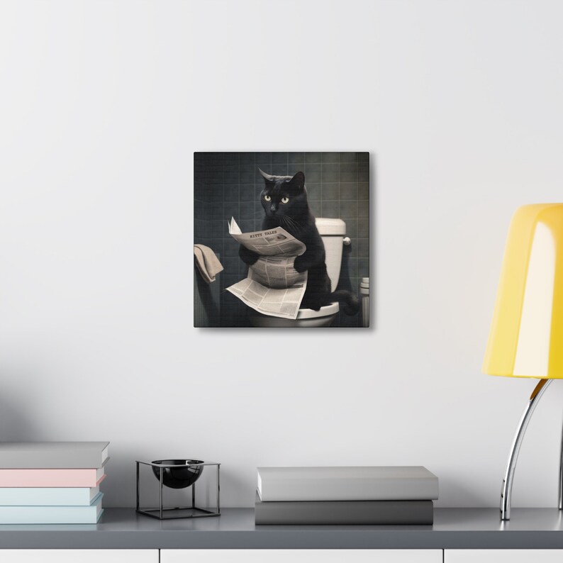 Black Cat Bathroom Wall Art Canvas, Cat Lover Wall Art Gift, Funny Cat Decor, Cat Mom Canvas