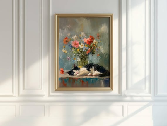 Tuxedo Cat with Spring Flowers Poster, Black and White Cat Wall Art, Floral Kitty Print, Cat Mom Gift Idea, UNFRAMED