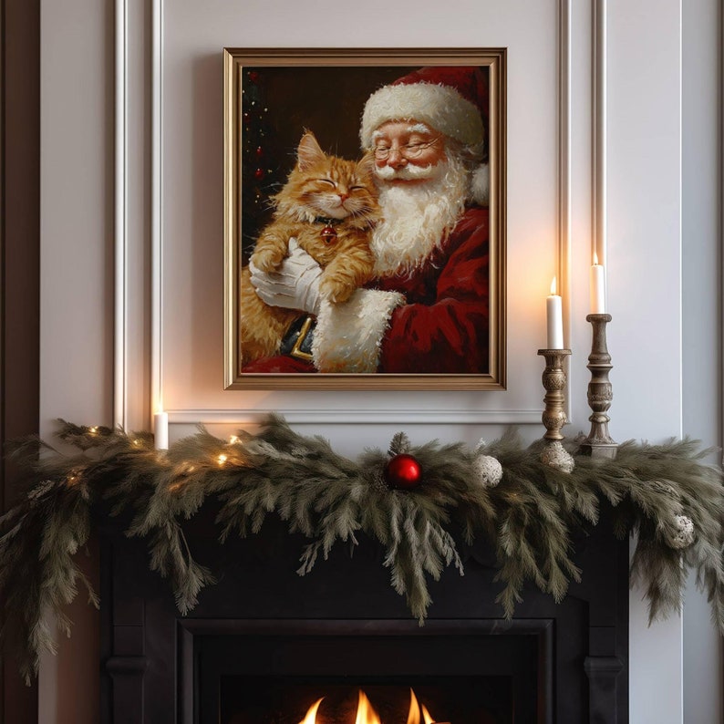 May include: A framed painting of Santa Claus holding a ginger cat in his arms. The painting is set against a white fireplace mantel with a garland of greenery and Christmas lights. There are two candlesticks with white candles on the mantel.