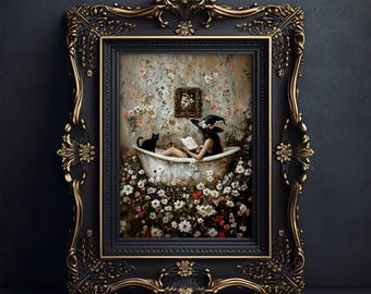 Póster de bruja leyendo un libro en la bañera, arte de Halloween con burbujas de bruja, decoración de baño de Whimsigoth, arte de baño con flores silvestres, SIN MARCO