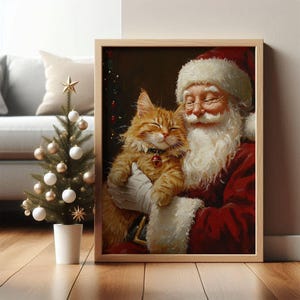 May include: A painting of Santa Claus holding a ginger cat in his arms. Santa is wearing a red suit with white trim and a white beard. The cat is looking up at Santa with its eyes closed. The painting is set against a dark background.