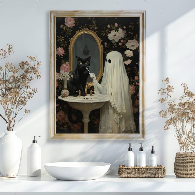 Ghost and Black Cat in Bathroom Poster, Cute Ghost Print, Spooky Halloween Wall Art, Whimsigoth Print, Spooky Bathroom Decor, UNFRAMED Bild 8