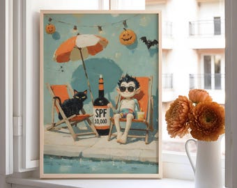 Funny Summerween Pool Art Poster, Black Cat & Vampire with SPF 10,000, Whimsical Halloween Beach Print, Humorous Wall Decor, UNFRAMED