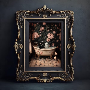 May include: A framed illustration of a white ghost and two black cats in a bathtub with pink flowers and candles. The frame is ornate with gold accents.