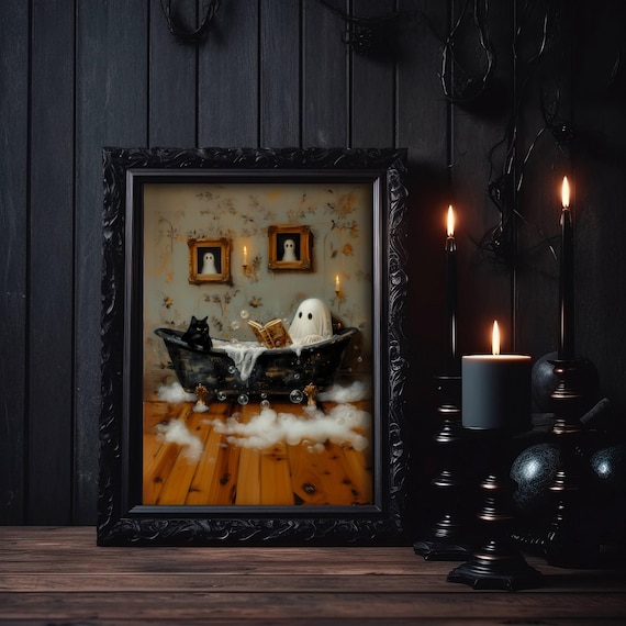 Ghost Reading Book in Bathtub Poster, Ghost and Black Cat Bubblebath Print, Spooky Halloween Wall Art, Whimsigoth Print