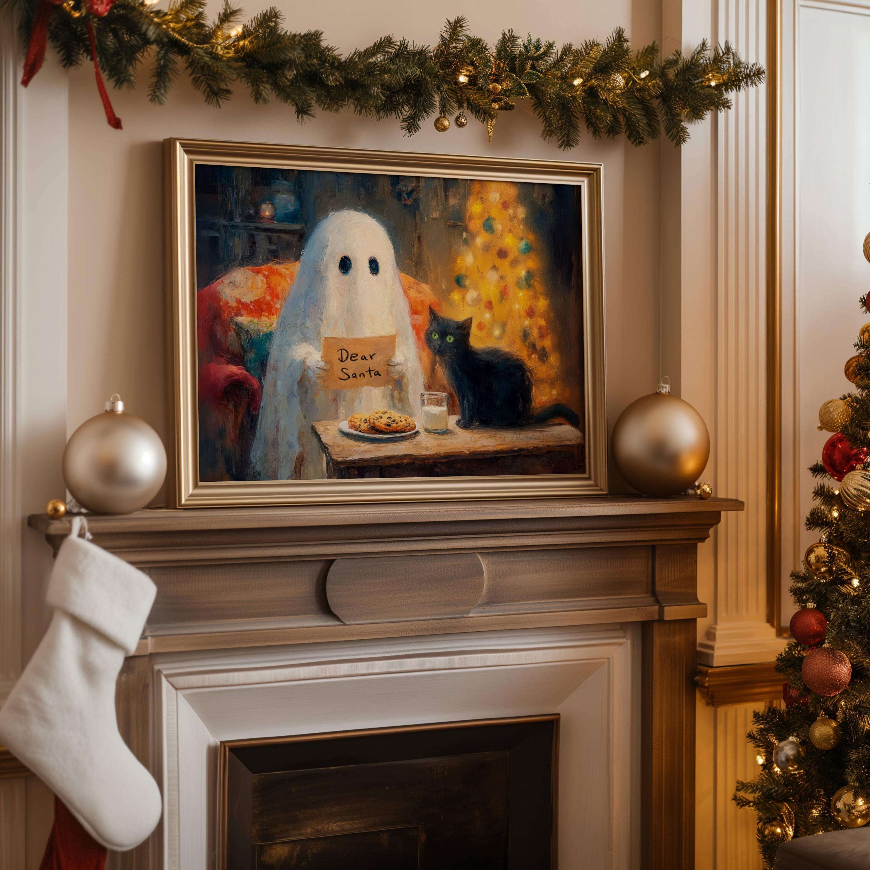 Letter to Santa Ghost and Black Cat Christmas Poster, Cute Holiday Wall ...