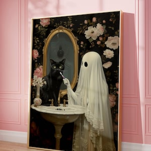 K&ouml;nnte beinhalten: Ein wei&szlig;er Geist mit einer schwarzen Katze in einem Badezimmer mit Blumenmuster. Der Geist tr&auml;gt ein wei&szlig;es Kleid mit Spitzenbesatz und putzt sich die Z&auml;hne. Die Katze sitzt am Waschbeckenrand und schaut den Geist an.