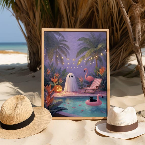 Ghost and Black Cat Pool Party Poster, Summerween Wall Art, Whimsigoth Print, Spooky Cute Decor, UNFRAMED