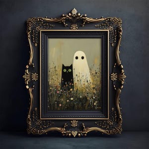 Black Cat and Ghost in Wildflowers Wall Art Poster, Floral Spooky Halloween Art, Funny Black Cat Print, Whimsigoth Home Decor, UNFRAMED