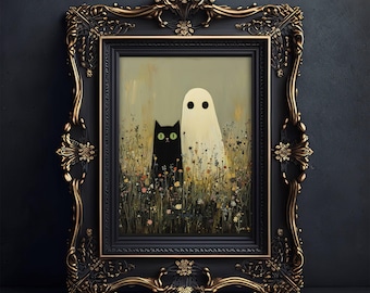 Black Cat and Ghost in Wildflowers Wall Art Poster, Floral Spooky Halloween Art, Funny Black Cat Print, Whimsigoth Home Decor, UNFRAMED