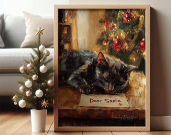 Black Cat Christmas Letter to Santa Wall Art Poster, UNFRAMED