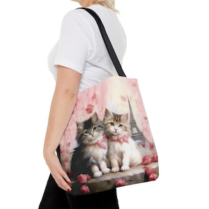 Kittens in Paris Tote Bag, Cat Lover Reusable Bag, Cute Kitty Tote, Cat Mom Gift Bag