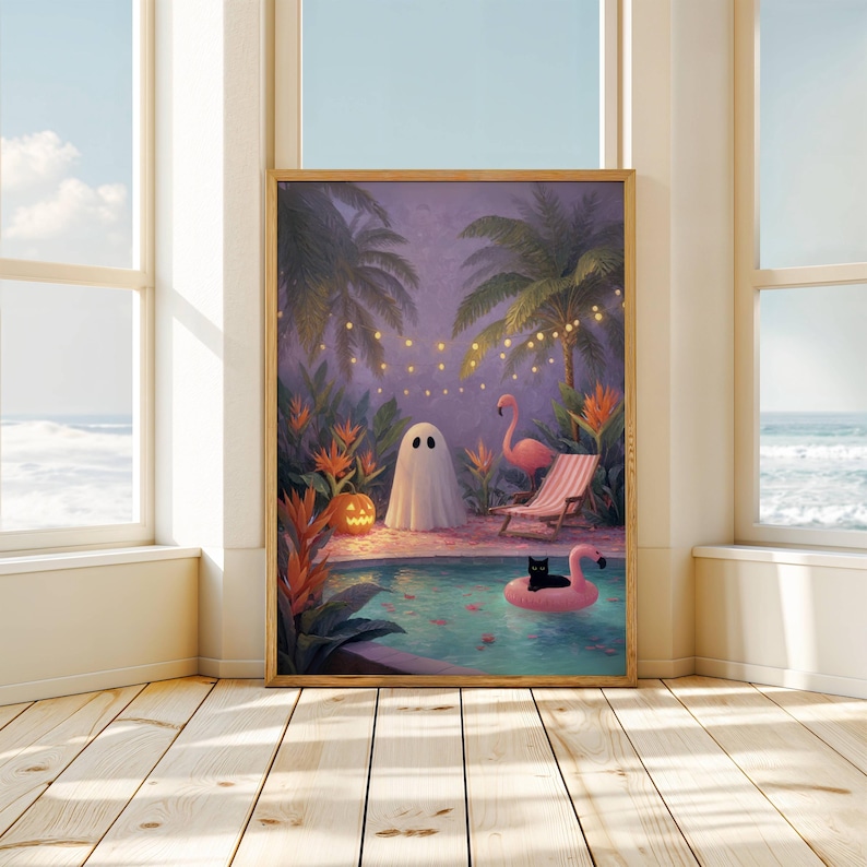 May include: A framed art print depicts a whimsical scene with a ghost, a pink flamingo, and a black cat on a flamingo float in a pool. Palm trees, string lights, and a jack-o'-lantern add to the Halloween-themed tropical setting.