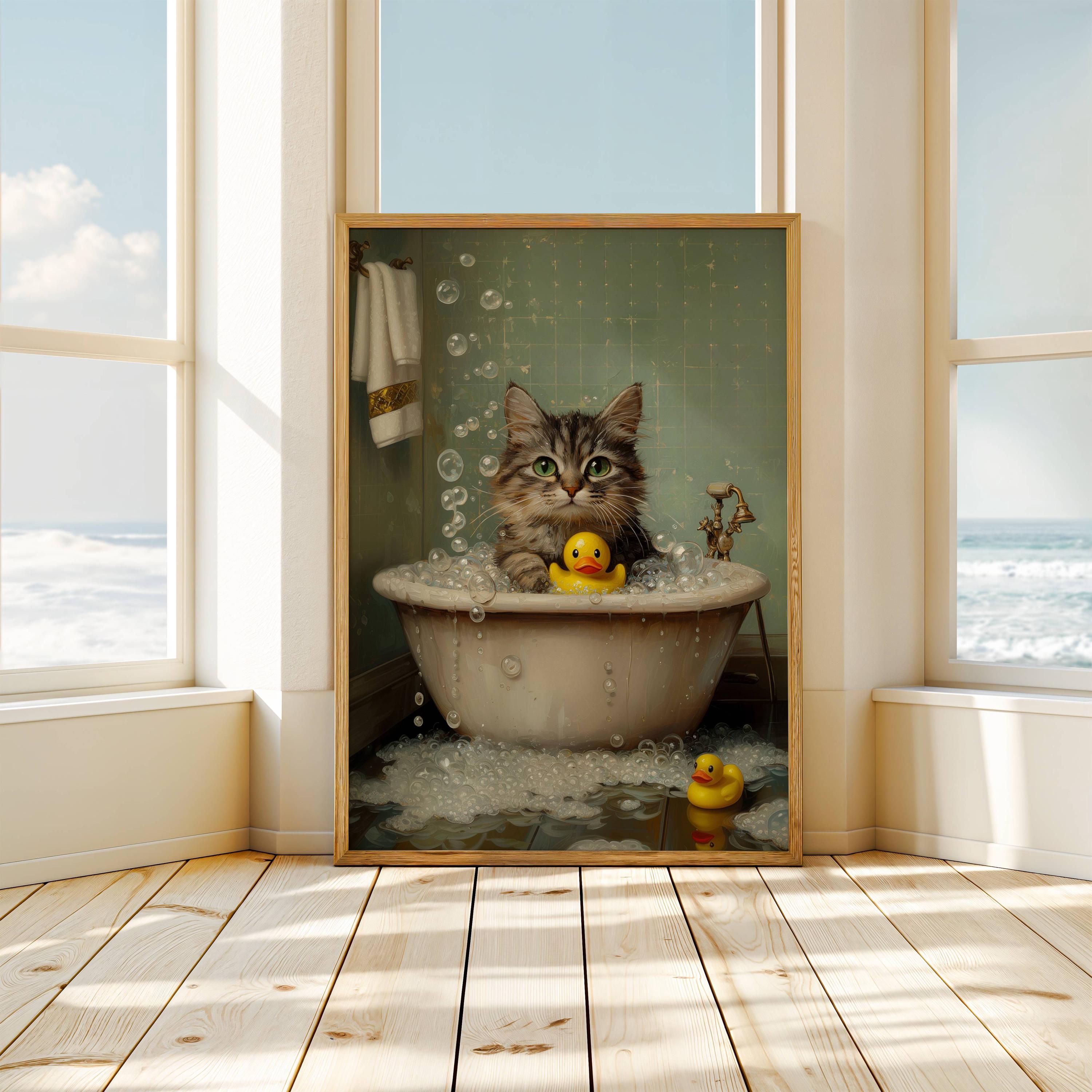 Tabby Kitten in Bubble Bath Poster, Cute Cat Bathroom Decor, Cat Lover ...
