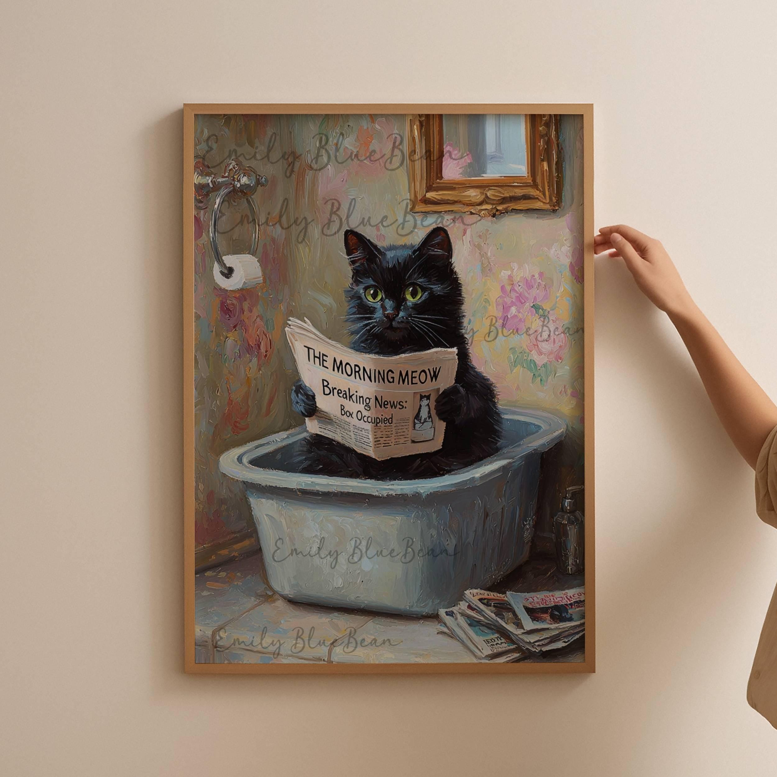 Black Cat Reading Newspaper in Litter Box Wall Art, Funny Cat Bathroom ...