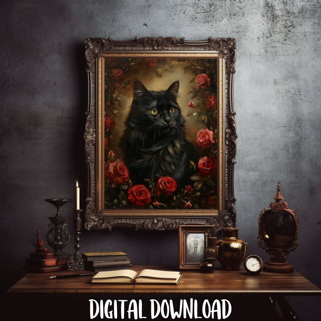 Black Cat and Roses DIGITAL DOWNLOAD, Cat PRINTABLE Wall Art - Etsy
