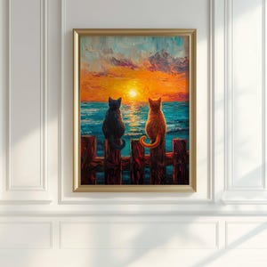 May include: A painting of two cats sitting on a wooden fence overlooking a sunset over the ocean. The cat on the left is black and the cat on the right is orange.