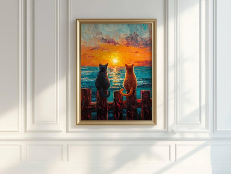 May include: A painting of two cats sitting on a wooden fence overlooking a sunset over the ocean. The cat on the left is black and the cat on the right is orange.