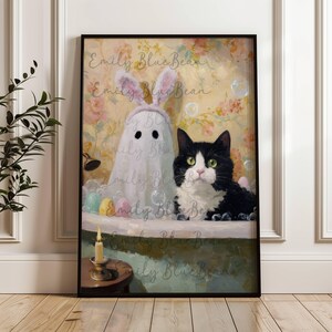 Easter Ghost and Tuxedo Cat in Bubble Bath, Whimsical Spring Bathroom Wall Art, Cute Bunny Ghost Cat Print, Cozy Cottagecore Decor, UNFRAMED