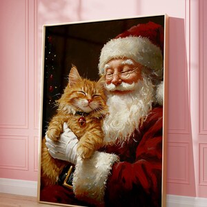 May include: A painting of Santa Claus holding a ginger cat in his arms. Santa is wearing a red suit with white trim and a white beard. The cat is looking at the viewer with its eyes closed.