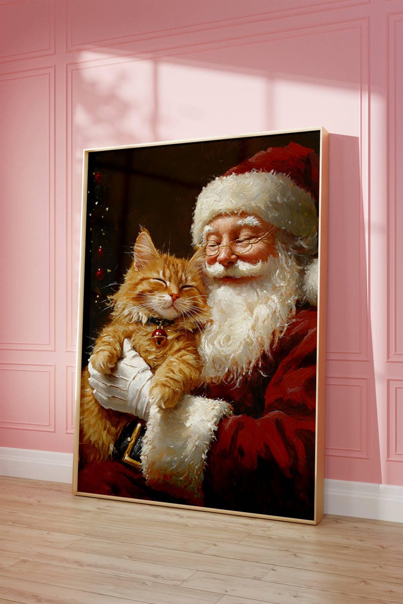 May include: A painting of Santa Claus holding a ginger cat in his arms. Santa is wearing a red suit with white trim and a white beard. The cat is looking at the viewer with its eyes closed.