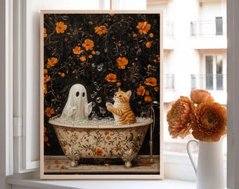 Poster da bagno con schiuma di gatto arancione e fantasma, arte da parete di Halloween con fantasma carino e spettrale, arredamento per il bagno Whimsigoth, SENZA CORNICE