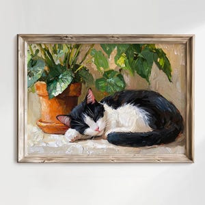 Tuxedo Cat and Plant Poster, Philodendron Wall Art, Cat Lover Gift, Sleeping Cat Decor, Plant Art, UNFRAMED