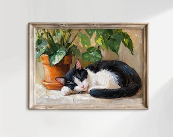 Tuxedo Cat and Plant Poster, Philodendron Wall Art, Cat Lover Gift, Sleeping Cat Decor, Plant Art, UNFRAMED