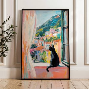 Black Cat in Window Poster, Minimalist Cat Decor, Impressionist Wall Art, Pastel Print, Cat Lover Gift, Cat Wall Art, UNFRAMED